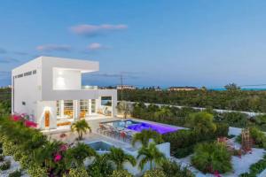 Long Bay HillsにあるEntire Villa in Providenciales, Long Bay Beach, Turks and Caicos Islandsのスイミングプール付きのヴィラの空中ビュー