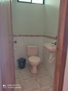 La salle de bains est pourvue de toilettes et d'un lavabo. dans l'établissement Amplio y cómodo departamento con garaje., à Puyo