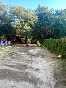 un camino de tierra con sillas y árboles y una casa en Casa bela energia en Villa Las Rosas