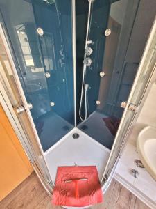 a shower with a glass door and a red box at Ferienwohnung Seebrise in Sassnitz