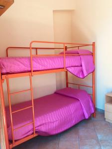 two bunk beds in a room with purple sheets at Villino Giulia in Altavilla Milicia