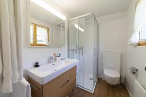 a bathroom with a sink and a shower and a toilet at Schönau in Wildhaus