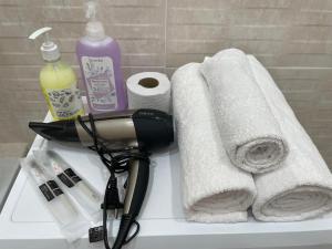 ein Badezimmer mit Handtüchern, einem Haartrockner und Toilettenpapier in der Unterkunft Dream City in Taldykolʼ