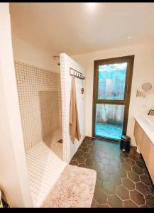 een badkamer met een douche en een wastafel bij Chambre dans villa avec piscine in Seignosse