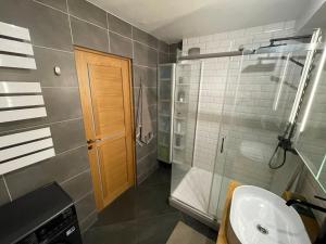 baño con lavabo y ducha con puerta de cristal en Piektais stāvs / 5th floor, en Ludza