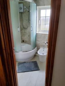 a bathroom with a shower and a tub and a sink at Primrose lodge cosy 2 bedroom house in a quiet in Norwich
