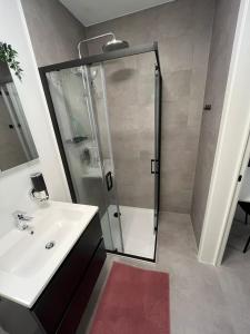 een badkamer met een douche en een wastafel bij Starling in Oud-Turnhout