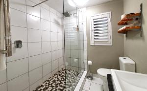 a bathroom with a shower with a toilet and a sink at Laurel Cottage in Franschhoek +14 photos