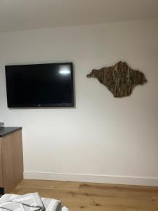 a flat screen tv hanging on a white wall at Godden Green B & B Guesthouse in Newchurch