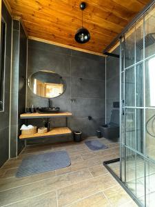 a bathroom with a shower and a sink and a mirror at Karadeniz River Palace in Çamlıhemşin