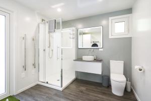 a bathroom with a shower and a toilet and a sink at Modern Home Near Town in Dunedin