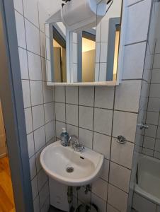een badkamer met een wastafel en een spiegel bij Cityhouse - Wiesen in Wuppertal