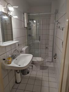een badkamer met een wastafel, een douche en een toilet bij Cityhouse - Wiesen in Wuppertal