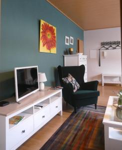 ein Wohnzimmer mit einem TV und einem Stuhl in der Unterkunft Ferienwohnung Hüppelröttchen in Eitorf