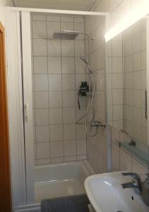 a bathroom with a shower and a sink at Ferienwohnung Hüppelröttchen in Eitorf +24 photos