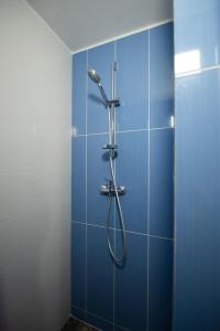 a bathroom with a shower with blue tiles at Apart Yaroslava Osmomysla 9 Square - city center in Lviv