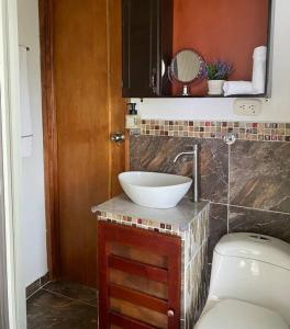 La salle de bains est pourvue d'un lavabo et de toilettes. dans l'établissement Bird Paradise, à Armenia