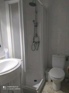 uma casa de banho com um chuveiro, um WC e um lavatório. em Estudio Palacio Congresos em Sevilha