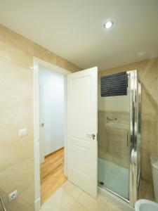 La salle de bains est pourvue d'une douche et d'une porte en verre. dans l'établissement Amplio Apto Centro vistas Torneria fjHomefj, à Jerez de la Frontera