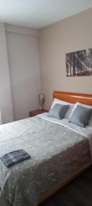a bedroom with a large bed with a wooden headboard at Casa francisca in Arroyo de la Encomienda