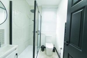 a bathroom with a toilet and a sink and a shower at Lamara Flat 2, Liverpool in Liverpool