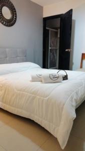 a large white bed with two towels on it at HOTEL VIEILLE MAISON in Quito