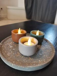three candles sitting on a plate on a table at Appartement Spacieux 80 m2 in Bobigny