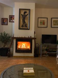 a living room with a fire in a fireplace at Serengueti in Los Ángeles de San Rafael