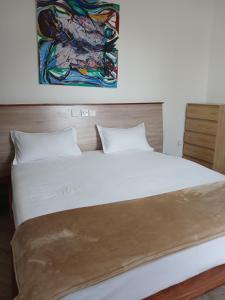 a bedroom with a white bed with a painting on the wall at Queen's 2 BDR Appartments Accra in Chantan