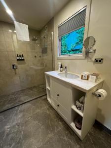 uma casa de banho com um lavatório e um chuveiro em Queenstown House Bed & Breakfast and Apartments em Queenstown
