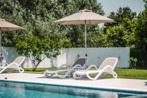 a group of chairs and umbrellas next to a pool at Apartments Antique in Ulcinj