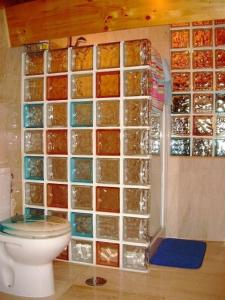 a bathroom with a wall of glass blockades next to a toilet at Private Wohnung in Mombeltrán in Mombeltrán
