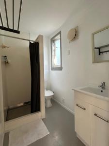 uma casa de banho com um chuveiro, um lavatório e um WC. em Urban Kingsland Studio em Auckland