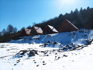 un campo innevato con un gruppo di capanne in legno di Holiday house with a parking space Jasenak, Karlovac - 22746 a Ogulin
