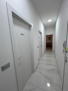 un corridoio con pareti bianche e un corridoio con porte bianche di Lupo Luxury Rooms a Bologna