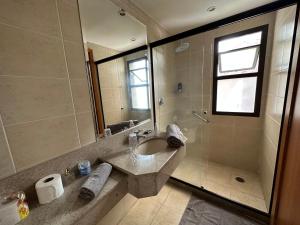 uma casa de banho com um lavatório e um chuveiro com um espelho. em Best inn Jesuino Arruda itaim bibi em São Paulo