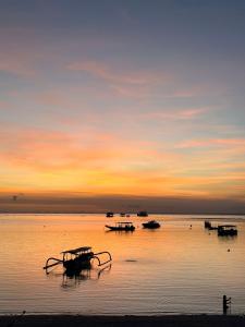 a group of boats in the water at sunset at Nusa Indah Bungalow in Nusa Lembongan