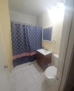 baño con aseo y cortina de ducha azul en Staycation Haven Room, en Newark