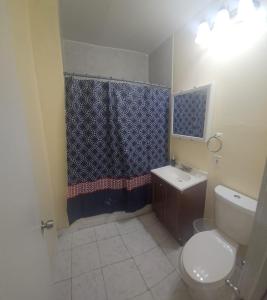 baño con aseo y cortina de ducha azul en Staycation Haven Room, en Newark