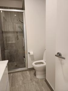a bathroom with a toilet and a glass shower at U Suites on Victoria in Wellington