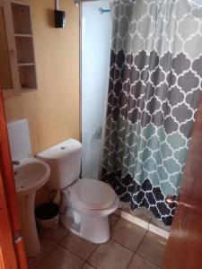 a bathroom with a toilet and a shower curtain at Cabañas maule in Coronel