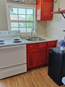 a kitchen with a white stove and a sink at Departamento independiente #3 in Ciudad Juárez