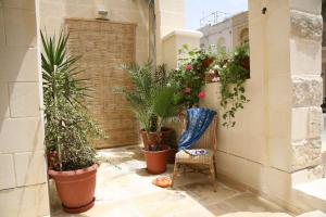 a courtyard with potted plants and a chair in a building at Maria Giovanna Guest House in Marsalforn