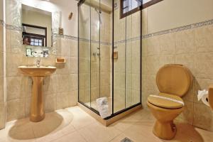 a bathroom with a shower and a toilet and a sink at Hostal Patrimonio - Potosi in Potosí