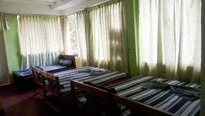 2 camas en una habitación con paredes y ventanas verdes en Riverston Hub, en Rattota