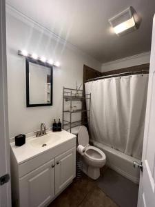 een badkamer met een wastafel, een toilet en een douche bij Veteran Owned Retreat with Games in Baton Rouge