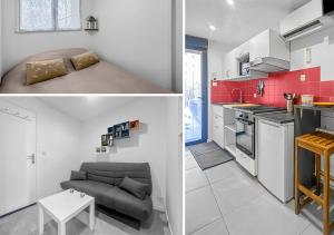 eine Küche und ein Wohnzimmer mit einer Couch in einem Zimmer in der Unterkunft Le Petit Torcieu in Torcieu + 5 Fotos