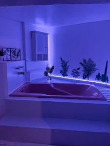 a bathroom with a large tub with purple lighting at Peaceful 4BDRM Home 5mins to Clifton Hill in Niagara Falls