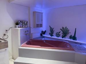 eine rote Badewanne in einer Küche mit lila Wänden in der Unterkunft Peaceful 4BDRM Home 5mins to Clifton Hill in Niagara Falls
