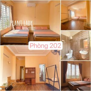 un collage de cuatro fotos de un dormitorio en Plant Lady Homestay Cao Bằng, en Cao Bằng